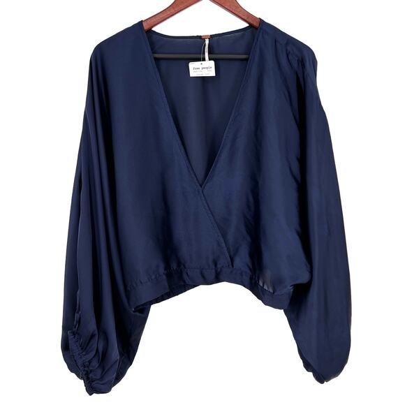 Free People Tops - NEW NWT Free People Large Satin Navy Blue V Neck Long Sleeve Blouse Shirt Top